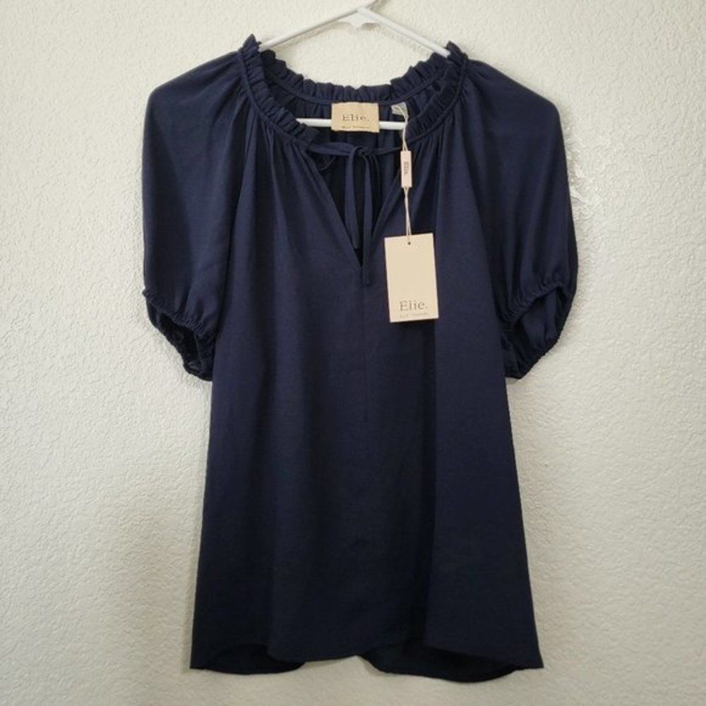 Women's Elie Tahari Tie Ruffle Neck Blouse Elastic Short‎ Sleeves Blue Top Sz S - Picture 5 of 8